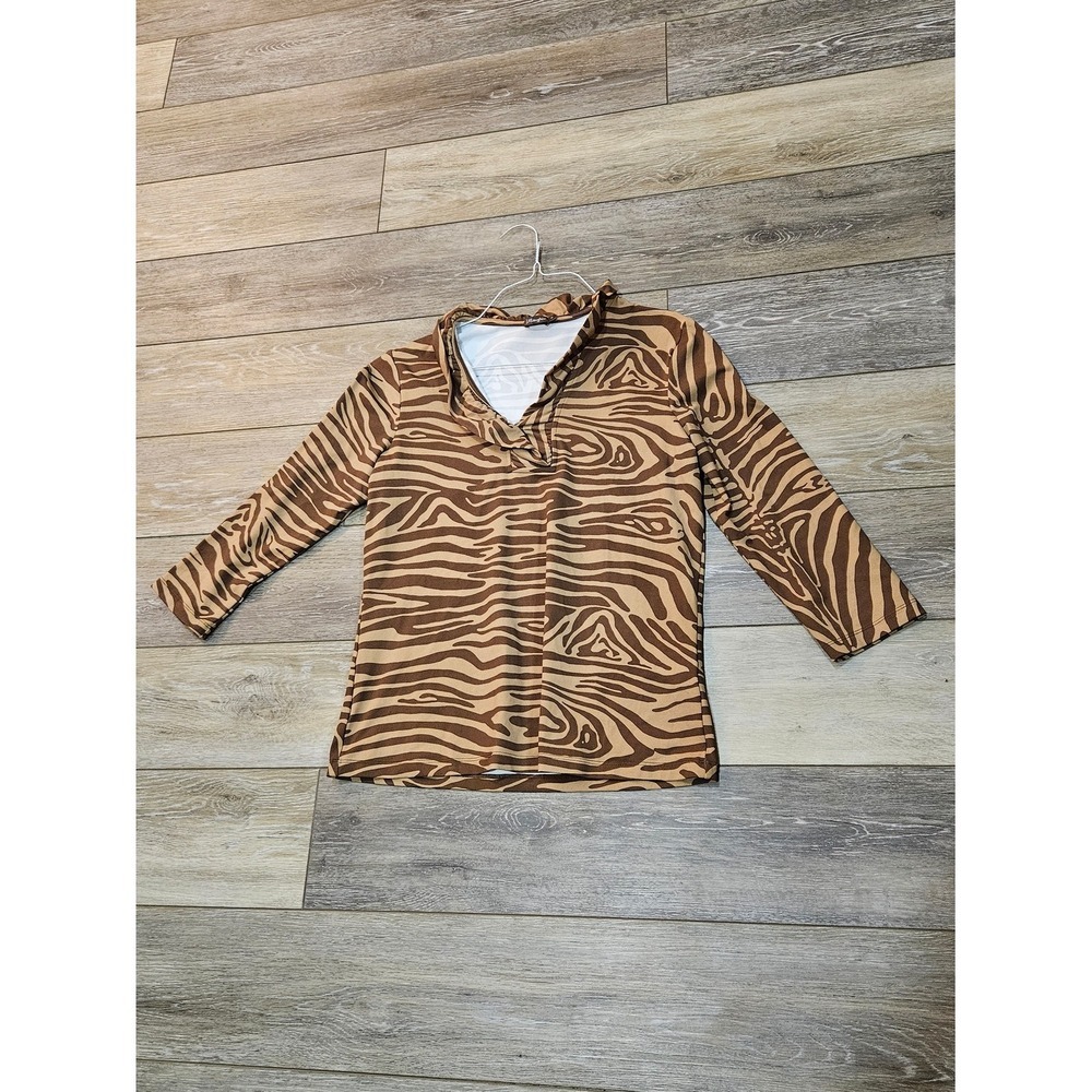 J. McLaughlin Brown Zebra-Print V-Neck Long Sleeve Top Size Mwdium